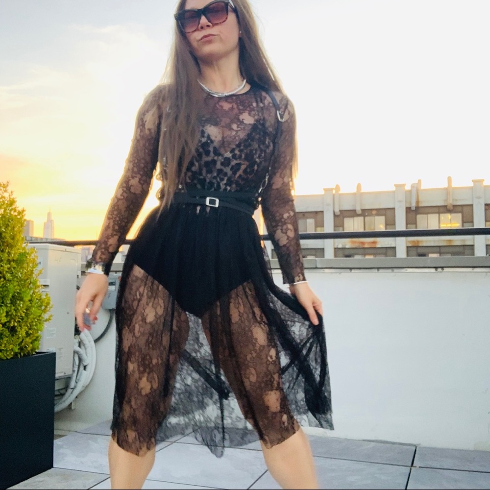Zara Transparent Black Lace Tutu Mesh Midi Faux Tattoo Dress